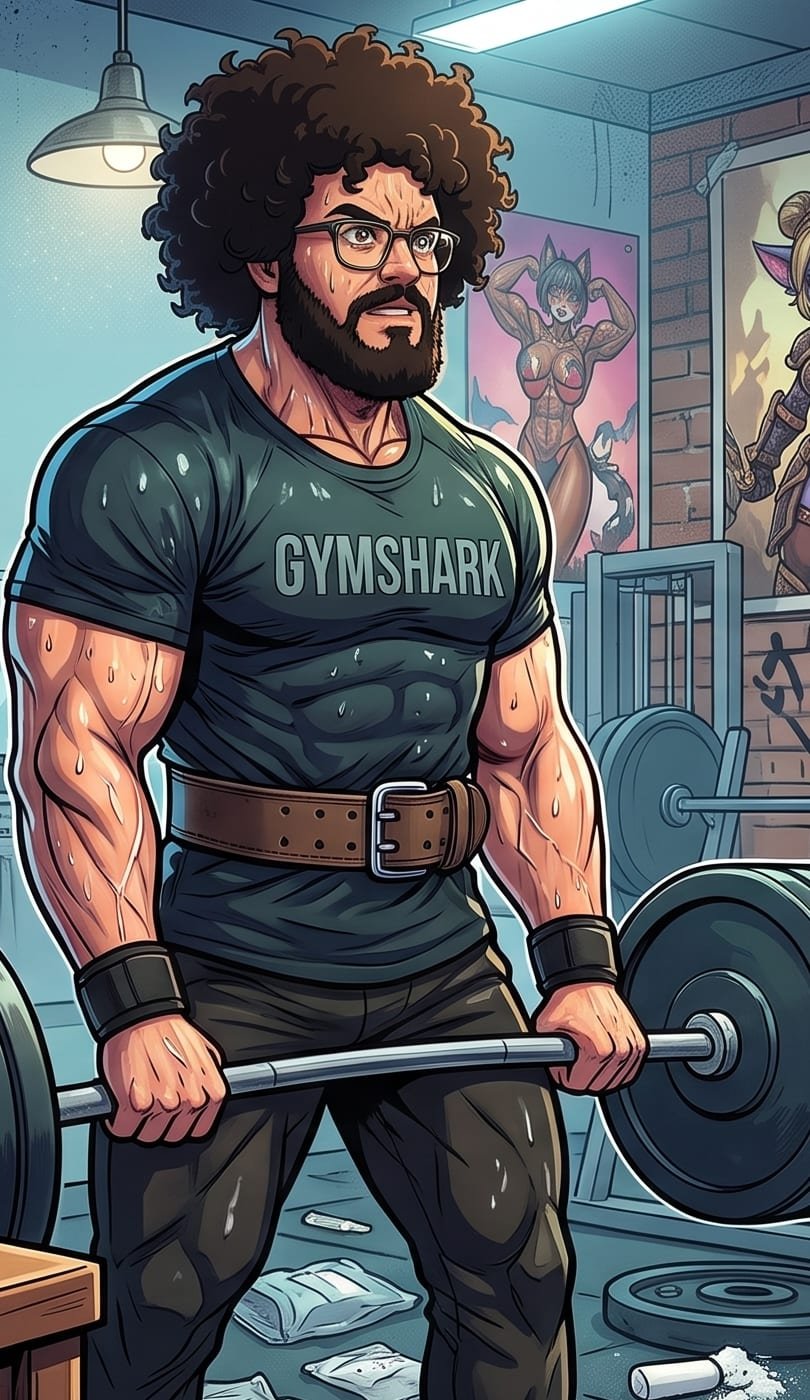 Ilustracion de EL BURUSO levantando peso muerto en el gimnasio